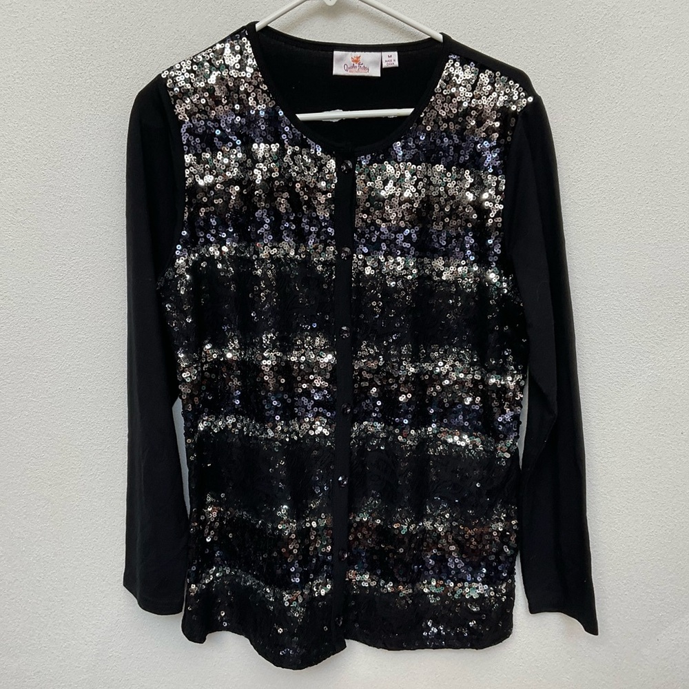 Quacker Factory Black, Silver Sequin Lace Button Front Cardigan Size Medium